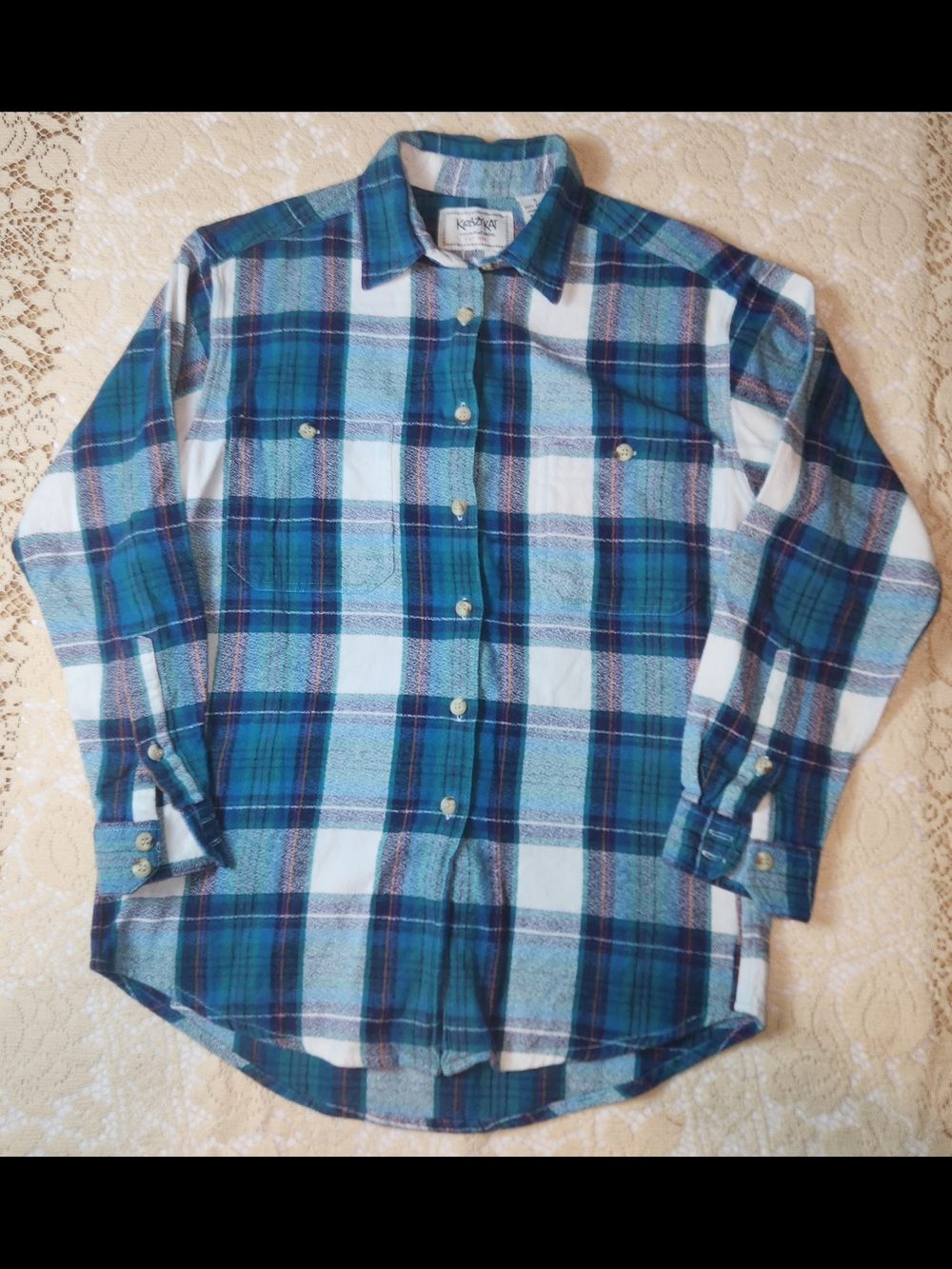 Krazy Kat Button Up Checkered Pattern 100% Cotton Flannel Shirt Size Small